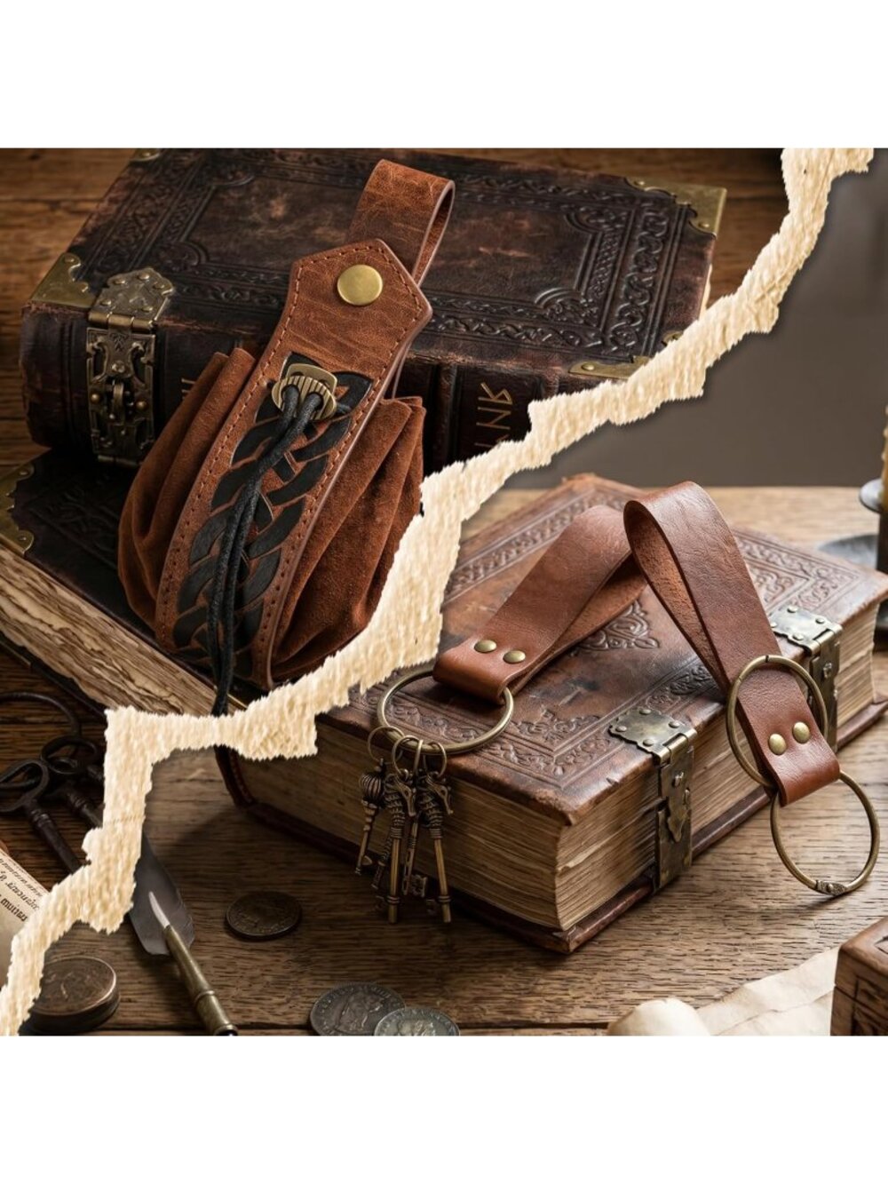 Renaissance Brown B Medieval Belt Pouch Set Removable Pouch and Drawstring Bag - Picture 3 of 6